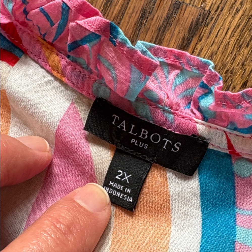 Talbots sz 2X sleeveless cotton patterned ruffle neck top - Picture 5 of 6
